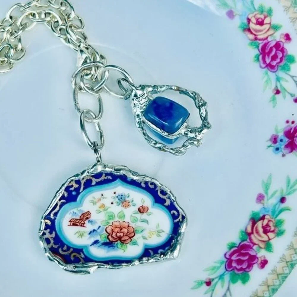 Broken China & Sodalite Charm Bracelet with Artisan Silver-Blend Boho Metalwork